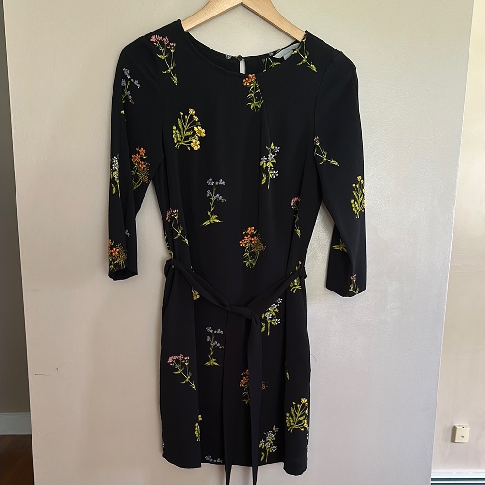 H&M Black and Yellow Wrap Dress 3/4 Sleeve Crew Neck